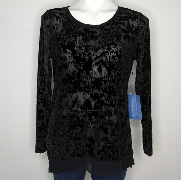 ✨3/$15 NWT Simply Vera Wang black sheer long sleeve blouse LP - Picture 1 of 8